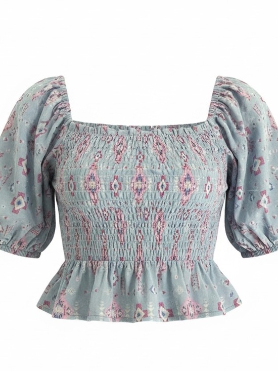 Simply Southern Tops - Simply Southern Smock Peplum Blouse Puff Sleeves Aztec Print Blue Pink NWT SZ M
